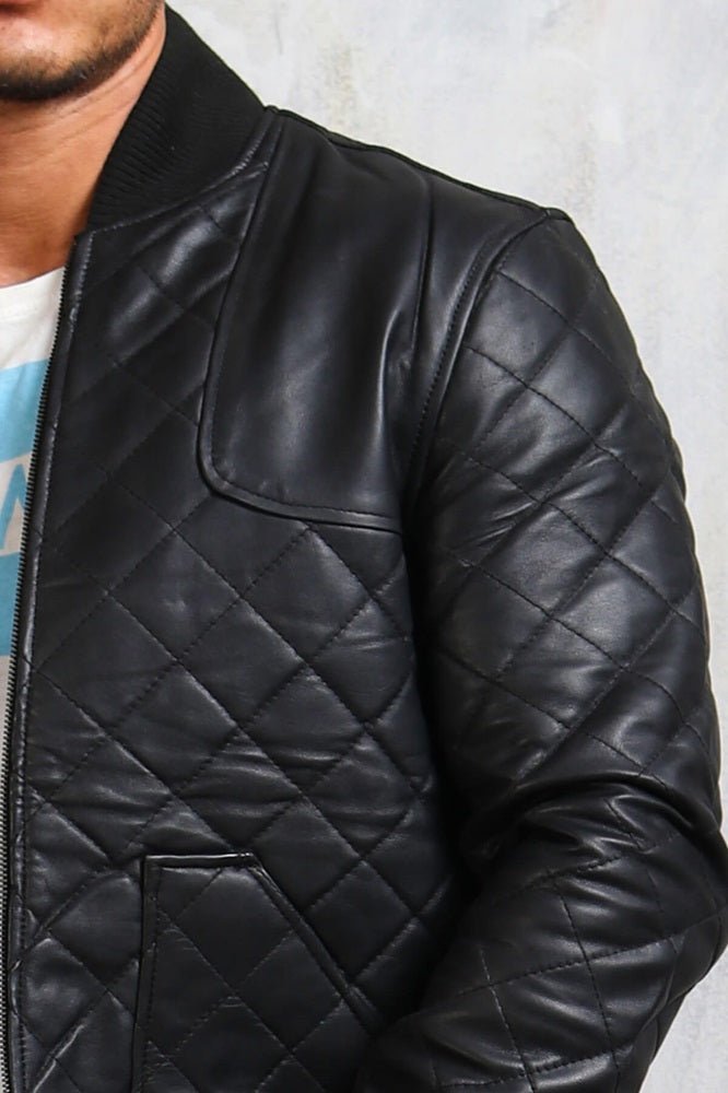 Men's Bomber Leather Jacket Diamond Quilted - X - Small - Black - Men's Bomber Leather Jacket Diamond Quilted - Tatoo Tee