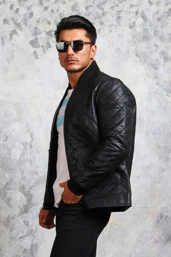 Men's Bomber Leather Jacket Diamond Quilted - X - Small - Black - Men's Bomber Leather Jacket Diamond Quilted - Tatoo Tee