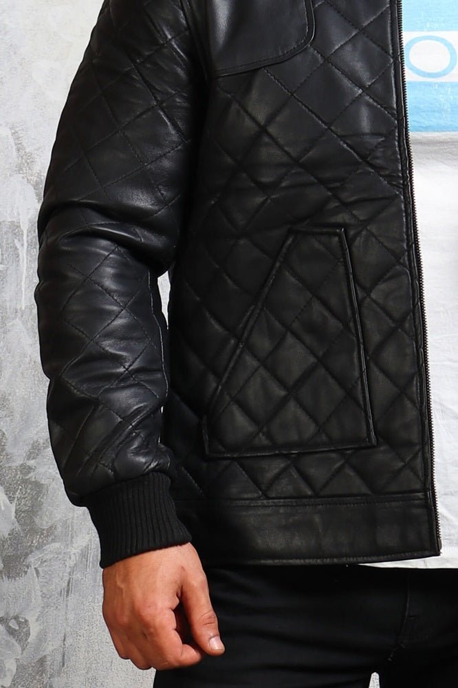 Men's Bomber Leather Jacket Diamond Quilted - X - Small - Black - Men's Bomber Leather Jacket Diamond Quilted - Tatoo Tee