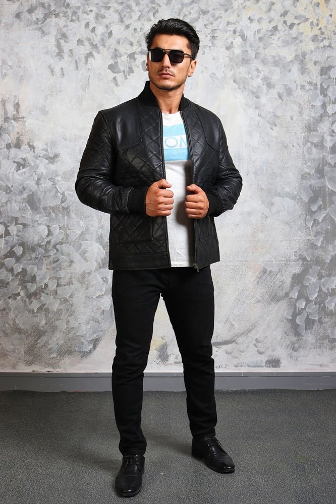 Men's Bomber Leather Jacket Diamond Quilted - X - Small - Black - Men's Bomber Leather Jacket Diamond Quilted - Tatoo Tee