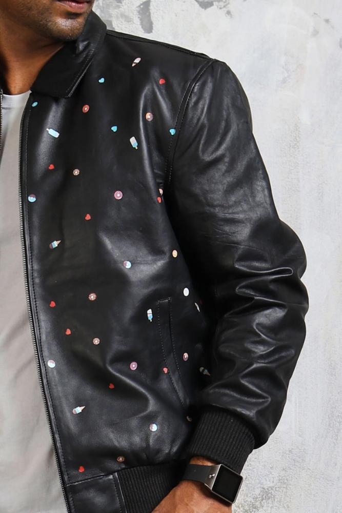 Men's Bomber Leather Jacket in Black "Good Times" - X - Small - Black - Men's Bomber Leather Jacket in Black "Good Times" - Tatoo Tee