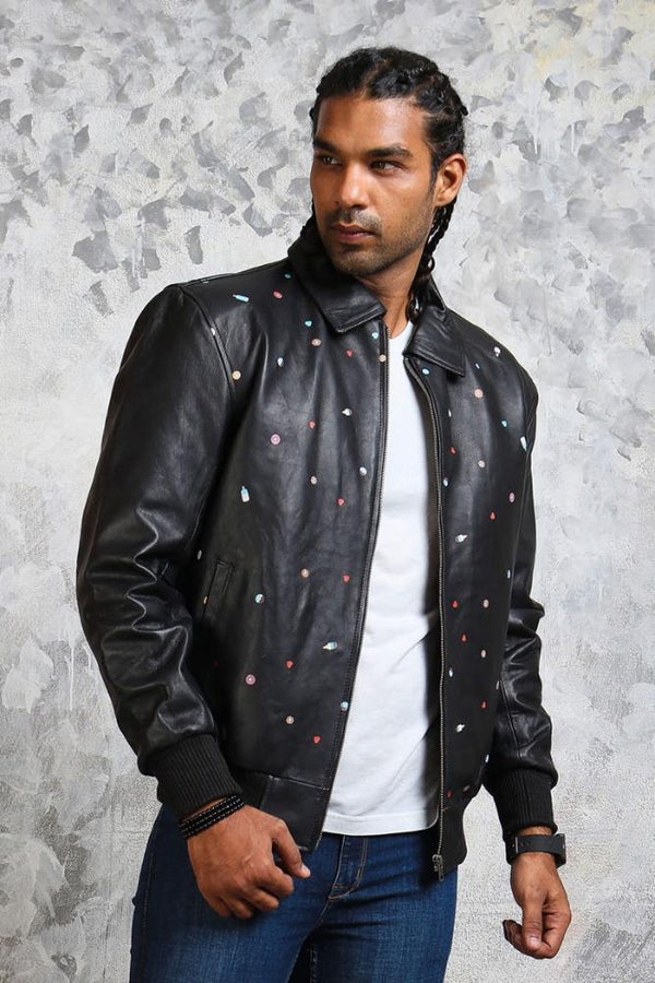 Men's Bomber Leather Jacket in Black "Good Times" - X - Small - Black - Men's Bomber Leather Jacket in Black "Good Times" - Tatoo Tee