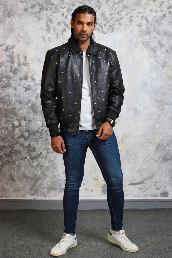 Men's Bomber Leather Jacket in Black "Good Times" - X - Small - Black - Men's Bomber Leather Jacket in Black "Good Times" - Tatoo Tee