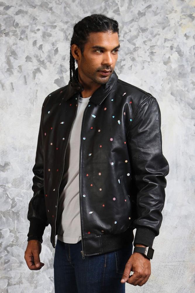 Men's Bomber Leather Jacket in Black "Good Times" - X - Small - Black - Men's Bomber Leather Jacket in Black "Good Times" - Tatoo Tee