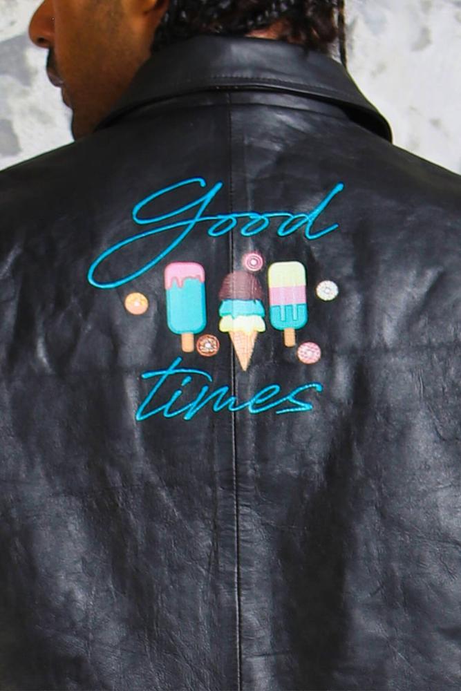 Men's Bomber Leather Jacket in Black "Good Times" - X - Small - Black - Men's Bomber Leather Jacket in Black "Good Times" - Tatoo Tee
