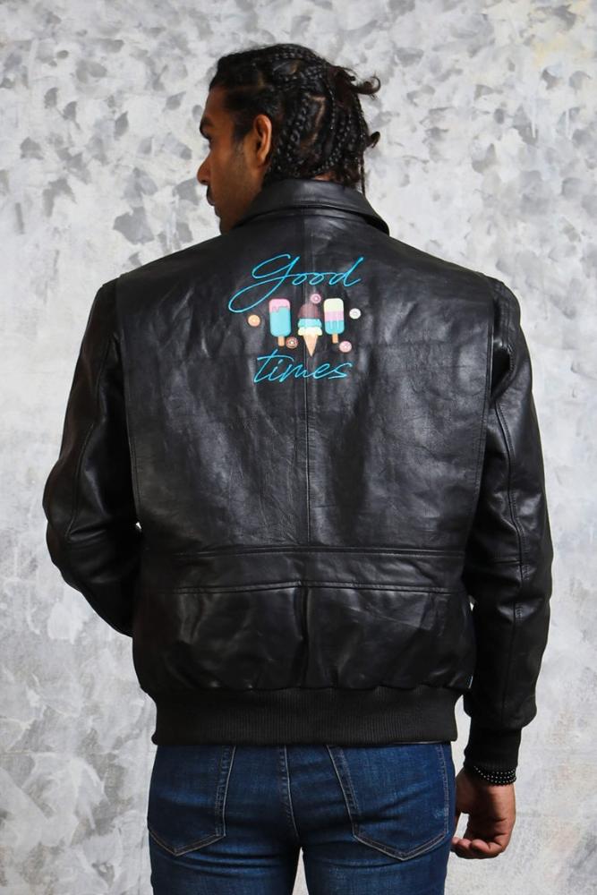 Men's Bomber Leather Jacket in Black "Good Times" - X - Small - Black - Men's Bomber Leather Jacket in Black "Good Times" - Tatoo Tee