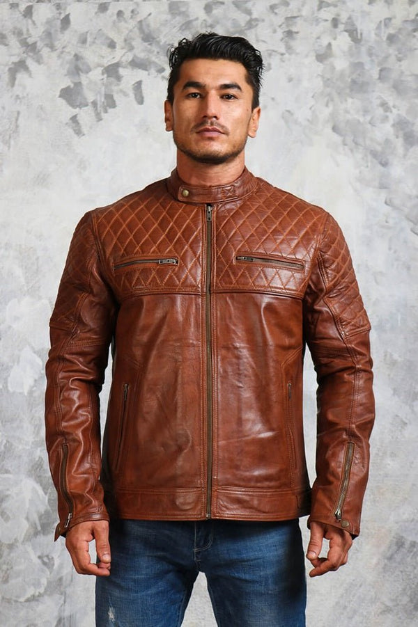 Men's Brown Biker Leather Jacket Quilted