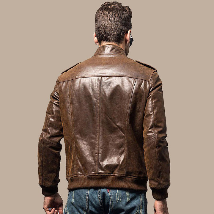 Men’s Brown Bomber Leather Jacket with Rib Collar - S - Men’s Brown Bomber Leather Jacket with Rib Collar - Tatoo Tee