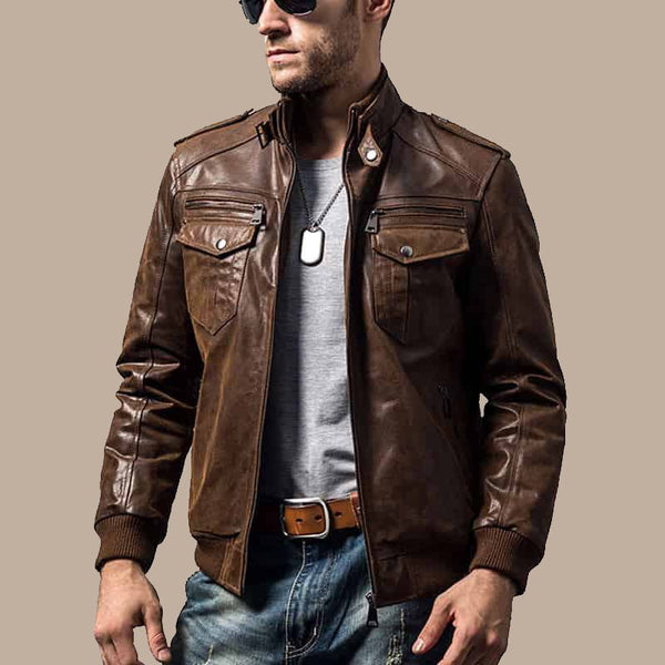 Men’s Brown Bomber Leather Jacket with Rib Collar - S - Men’s Brown Bomber Leather Jacket with Rib Collar - Tatoo Tee