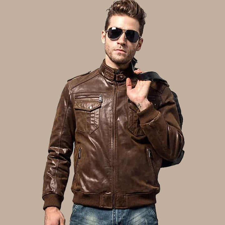Men’s Brown Bomber Leather Jacket with Rib Collar - S - Men’s Brown Bomber Leather Jacket with Rib Collar - Tatoo Tee