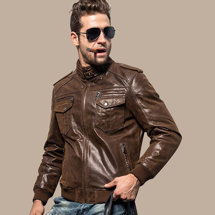 Men’s Brown Bomber Leather Jacket with Rib Collar - S - Men’s Brown Bomber Leather Jacket with Rib Collar - Tatoo Tee