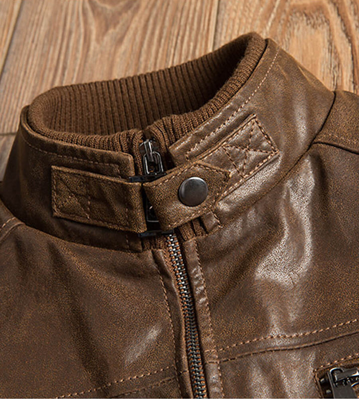 Men’s Brown Bomber Leather Jacket with Rib Collar - S - Men’s Brown Bomber Leather Jacket with Rib Collar - Tatoo Tee
