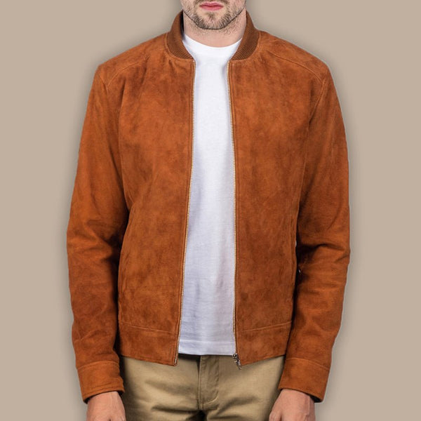 Men's Brown Bomber Suede Jacket - S - Men's Brown Bomber Suede Jacket - Tatoo Tee