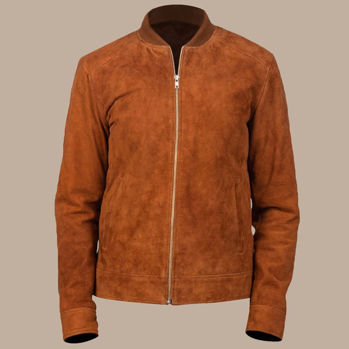 Men's Brown Bomber Suede Jacket - S - Men's Brown Bomber Suede Jacket - Tatoo Tee