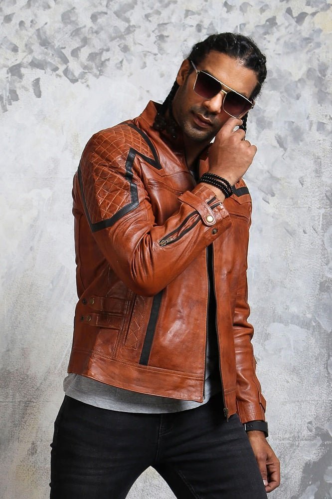 Men's Brown Leather Biker Jacket - X - Small - Brown - Men's Brown Leather Biker Jacket - Tatoo Tee