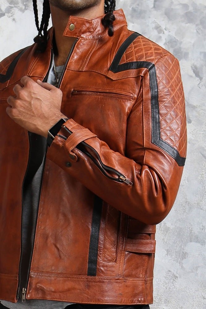 Men's Brown Leather Biker Jacket - X - Small - Brown - Men's Brown Leather Biker Jacket - Tatoo Tee