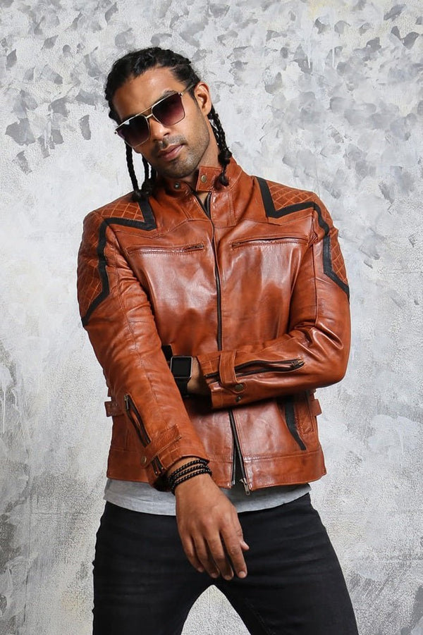 Men's Brown Leather Biker Jacket - X - Small - Brown - Men's Brown Leather Biker Jacket - Tatoo Tee