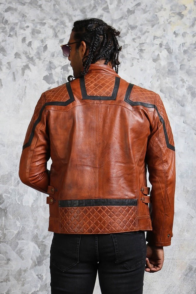 Men's Brown Leather Biker Jacket - X - Small - Brown - Men's Brown Leather Biker Jacket - Tatoo Tee