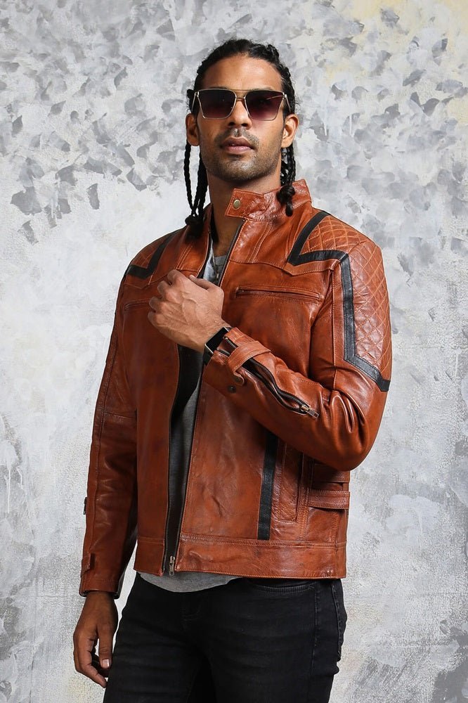 Men's Brown Leather Biker Jacket - X - Small - Brown - Men's Brown Leather Biker Jacket - Tatoo Tee