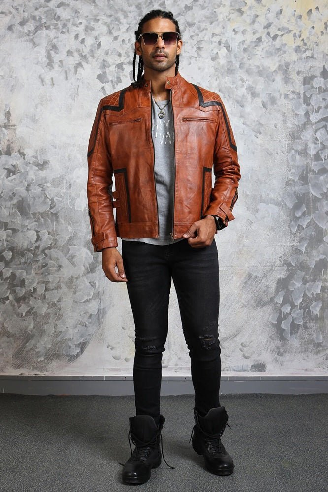 Men's Brown Leather Biker Jacket - X - Small - Brown - Men's Brown Leather Biker Jacket - Tatoo Tee