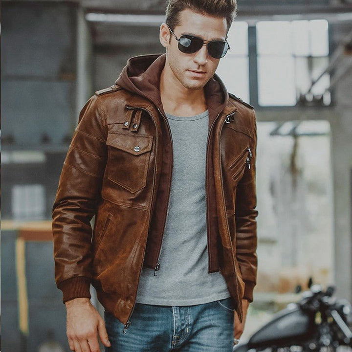 Men’s Brown Motorcycle Bomber Leather Jacket with Removable Hood - S - Men’s Brown Motorcycle Bomber Leather Jacket with Removable Hood - Tatoo Tee