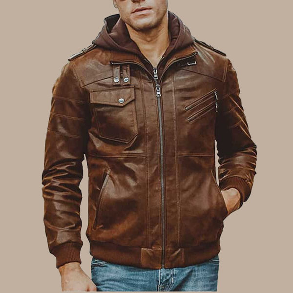 Men’s Brown Motorcycle Bomber Leather Jacket with Removable Hood - S - Men’s Brown Motorcycle Bomber Leather Jacket with Removable Hood - Tatoo Tee
