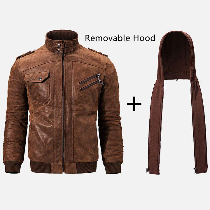 Men’s Brown Motorcycle Bomber Leather Jacket with Removable Hood - S - Men’s Brown Motorcycle Bomber Leather Jacket with Removable Hood - Tatoo Tee