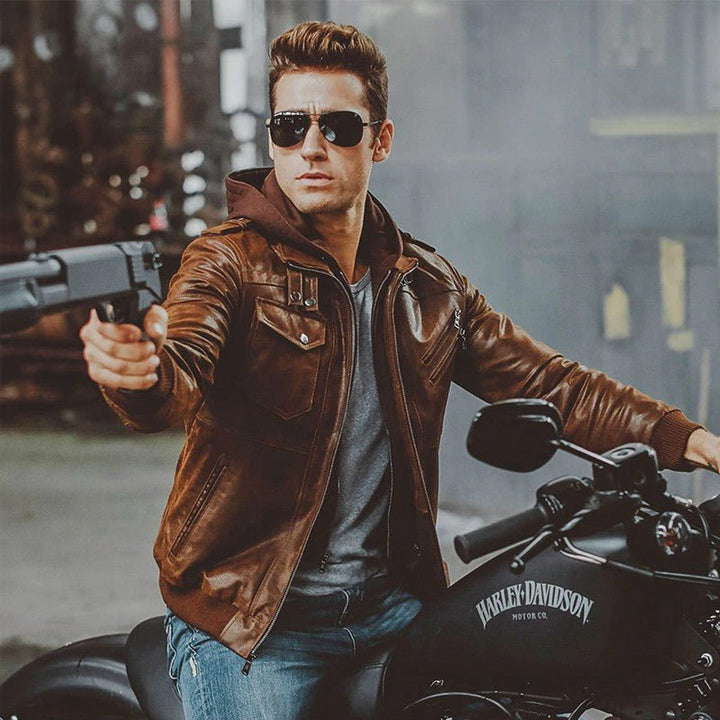 Men’s Brown Motorcycle Bomber Leather Jacket with Removable Hood - S - Men’s Brown Motorcycle Bomber Leather Jacket with Removable Hood - Tatoo Tee