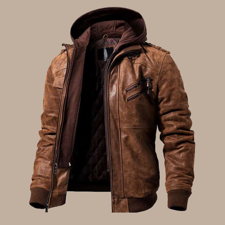 Men’s Brown Motorcycle Bomber Leather Jacket with Removable Hood - S - Men’s Brown Motorcycle Bomber Leather Jacket with Removable Hood - Tatoo Tee