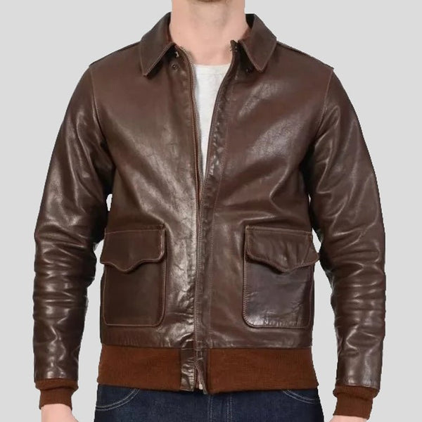 Men's Brown Real Leather Bomber Flight Jacket - S - Men's Brown Real Leather Bomber Flight Jacket - Tatoo Tee