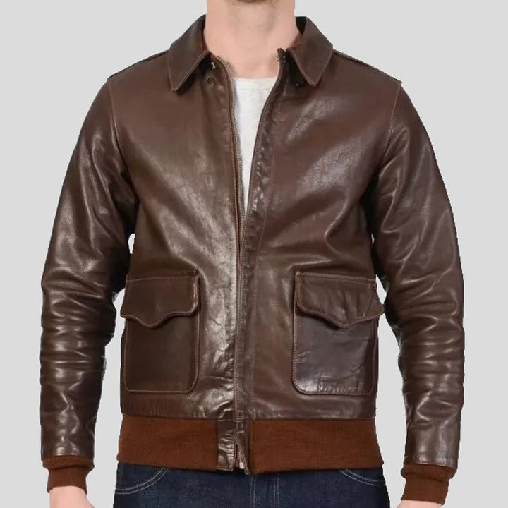 Men's Brown Real Leather Bomber Flight Jacket - S - Men's Brown Real Leather Bomber Flight Jacket - Tatoo Tee