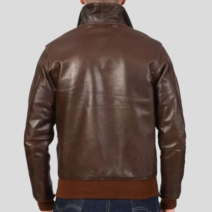 Men's Brown Real Leather Bomber Flight Jacket - S - Men's Brown Real Leather Bomber Flight Jacket - Tatoo Tee