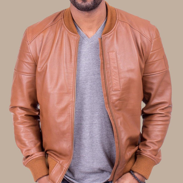 Mens Camel Color Lambskin Leather Bomber Jacket - S - Mens Camel Color Lambskin Leather Bomber Jacket - Tatoo Tee