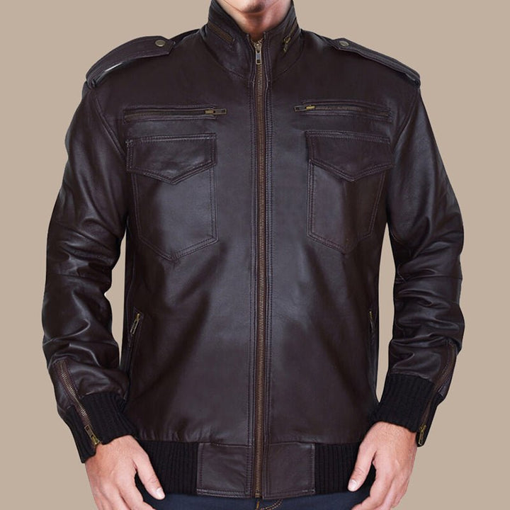 Men’s Dapper Brownish Leather Bomber Jacket - S - Men’s Dapper Brownish Leather Bomber Jacket - Tatoo Tee