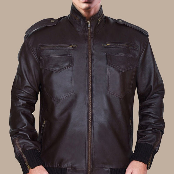 Men’s Dapper Brownish Leather Bomber Jacket - S - Men’s Dapper Brownish Leather Bomber Jacket - Tatoo Tee