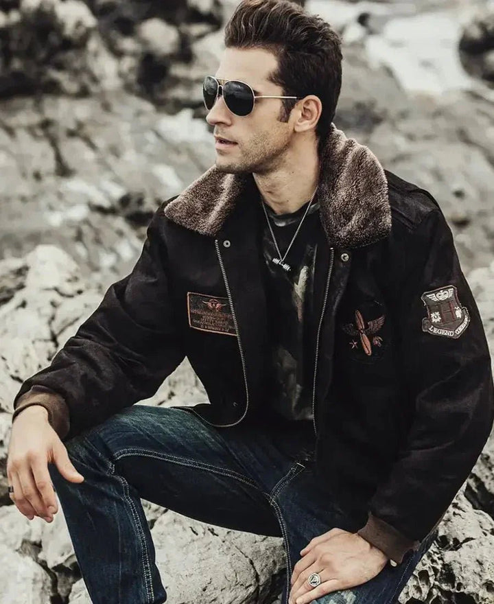 Mens Dark Brown Aviator Bomber Leather Jacket with Fur collar - Male - XS - Mens Dark Brown Aviator Bomber Leather Jacket with Fur collar - Tatoo Tee