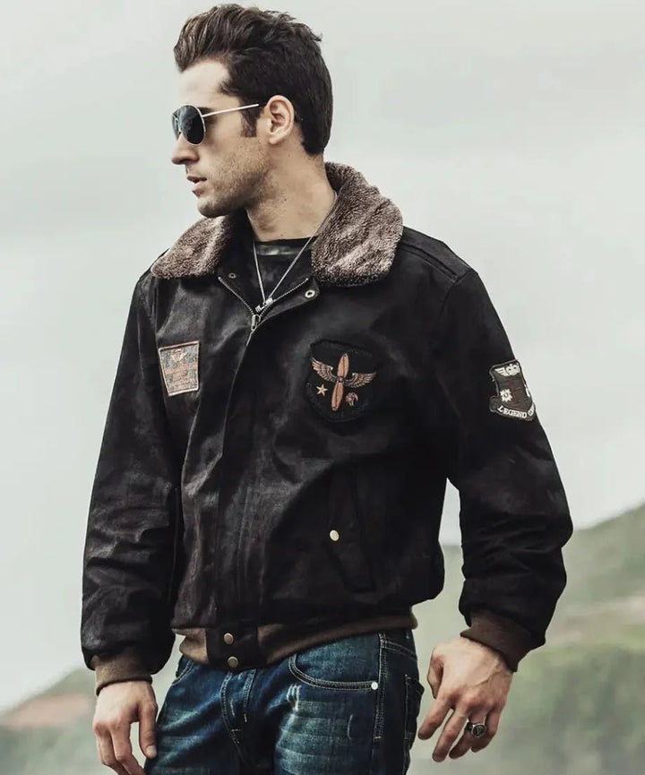 Mens Dark Brown Aviator Bomber Leather Jacket with Fur collar - Male - XS - Mens Dark Brown Aviator Bomber Leather Jacket with Fur collar - Tatoo Tee