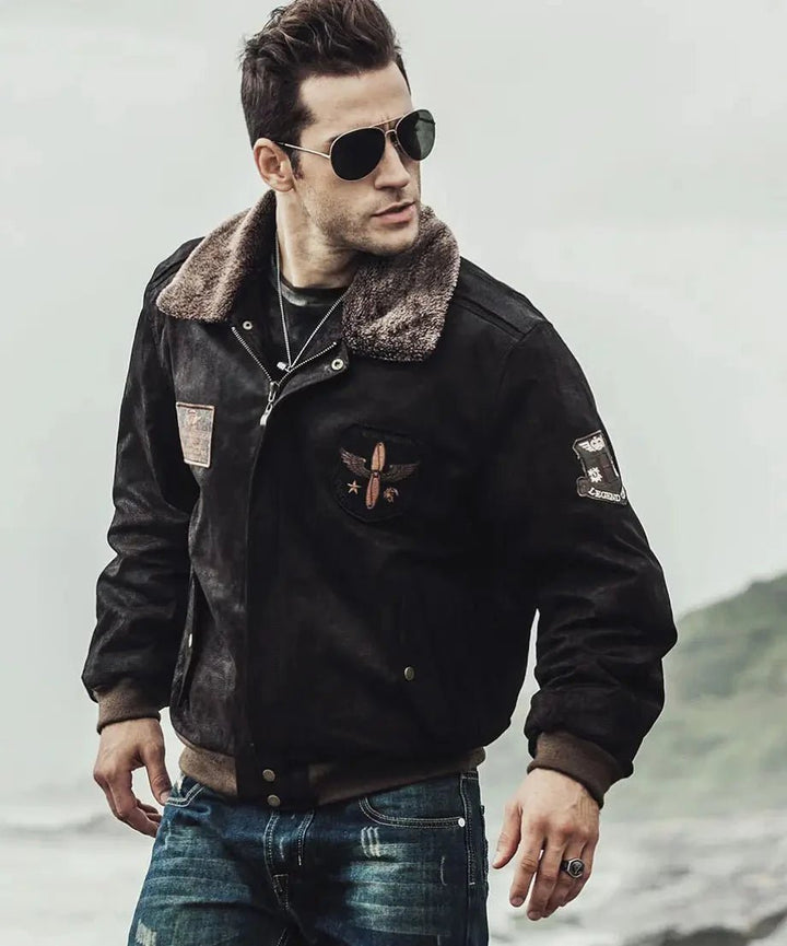 Mens Dark Brown Aviator Bomber Leather Jacket with Fur collar - Male - XS - Mens Dark Brown Aviator Bomber Leather Jacket with Fur collar - Tatoo Tee