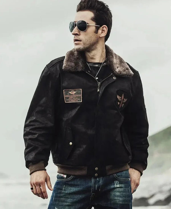 Mens Dark Brown Aviator Bomber Leather Jacket with Fur collar - Male - XS - Mens Dark Brown Aviator Bomber Leather Jacket with Fur collar - Tatoo Tee