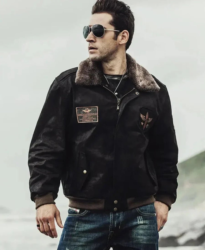 Mens Dark Brown Aviator Bomber Leather Jacket with Fur collar - Male - XS - Mens Dark Brown Aviator Bomber Leather Jacket with Fur collar - Tatoo Tee
