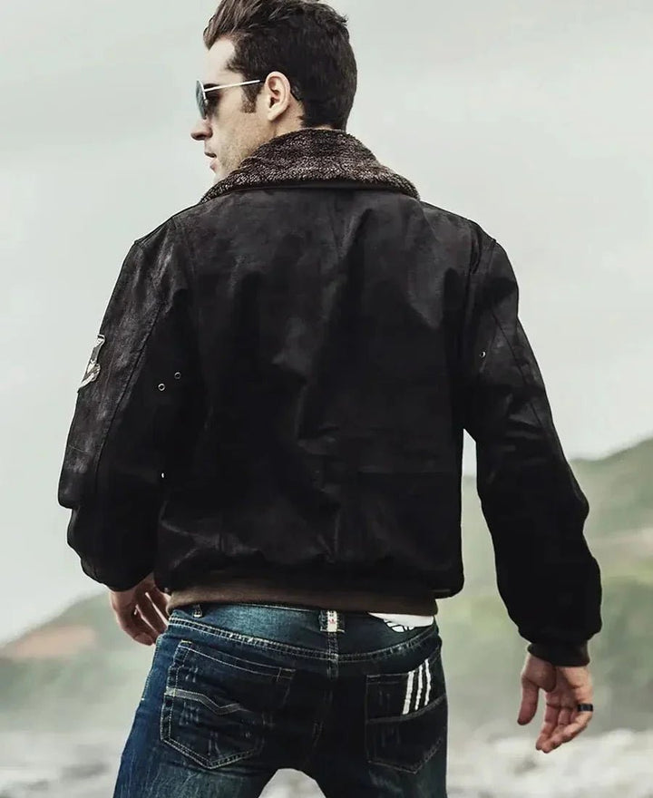 Mens Dark Brown Aviator Bomber Leather Jacket with Fur collar - Male - XS - Mens Dark Brown Aviator Bomber Leather Jacket with Fur collar - Tatoo Tee
