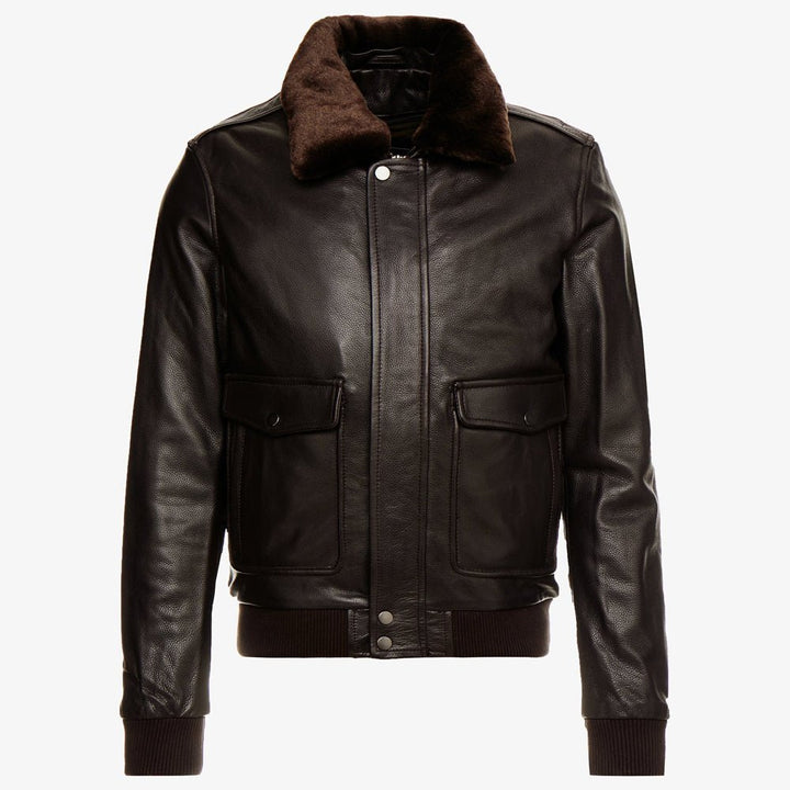 Men's Dark Brown Leather Fur Collar Bomber Jacket - S - Men's Dark Brown Leather Fur Collar Bomber Jacket - Tatoo Tee