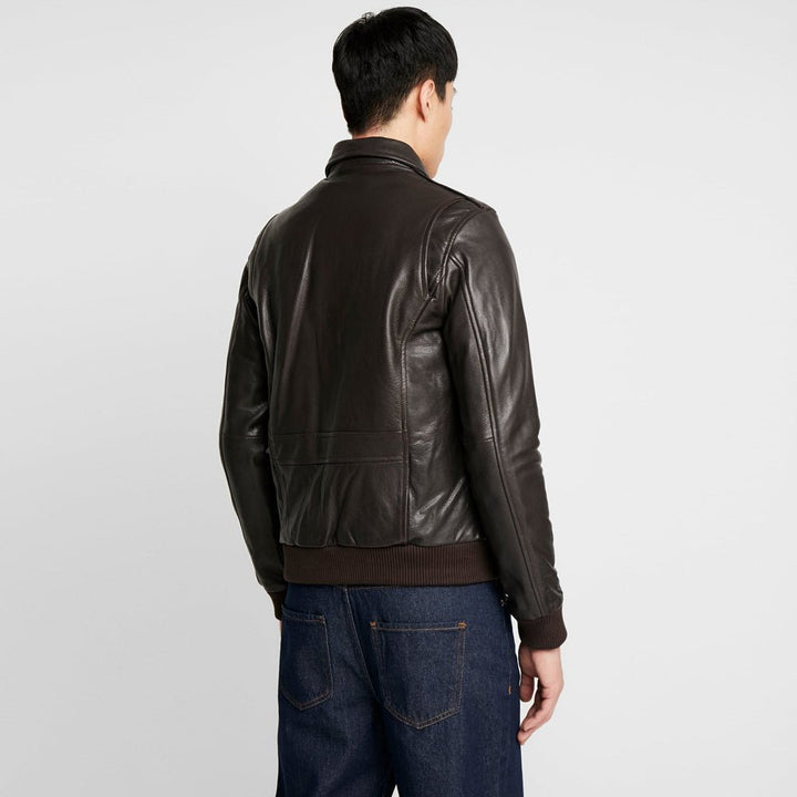 Men's Dark Brown Leather Fur Collar Bomber Jacket - S - Men's Dark Brown Leather Fur Collar Bomber Jacket - Tatoo Tee
