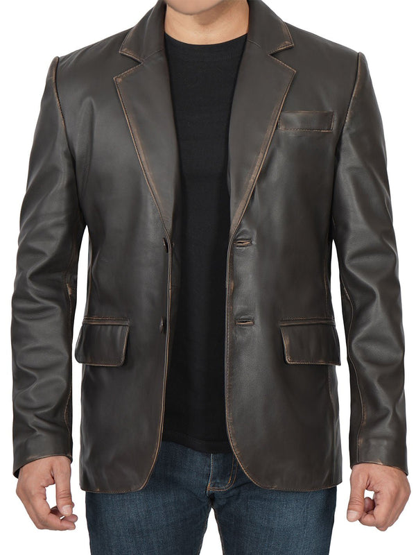 Mens Dark Brown Rub Off Leather Blazer