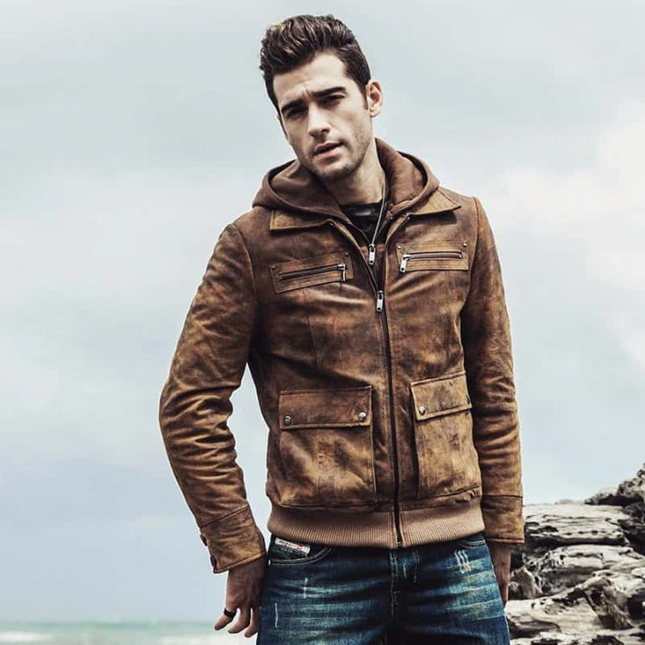 Men’s Distressed Brown Bomber Leather Jacket with Hood - S - Men’s Distressed Brown Bomber Leather Jacket with Hood - Tatoo Tee