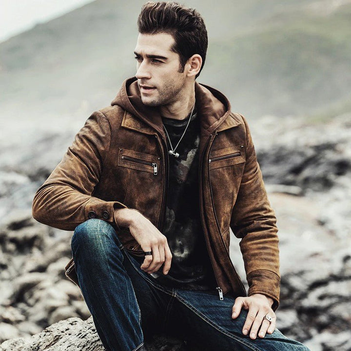 Men’s Distressed Brown Bomber Leather Jacket with Hood - S - Men’s Distressed Brown Bomber Leather Jacket with Hood - Tatoo Tee