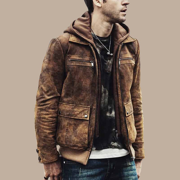 Men’s Distressed Brown Bomber Leather Jacket with Hood - S - Men’s Distressed Brown Bomber Leather Jacket with Hood - Tatoo Tee