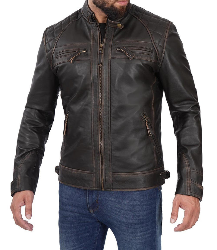 Men's Distressed Brown Cafe Racer Leather Jacket - XS - Men's Distressed Brown Cafe Racer Leather Jacket - Tatoo Tee
