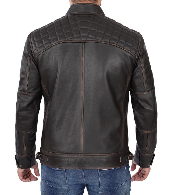 Men's Distressed Brown Cafe Racer Leather Jacket - XS - Men's Distressed Brown Cafe Racer Leather Jacket - Tatoo Tee
