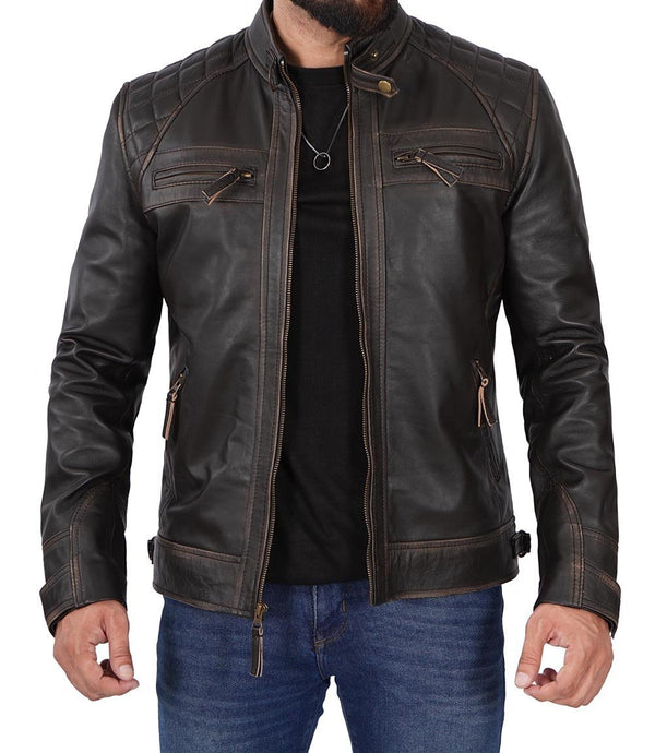 Men's Distressed Brown Cafe Racer Leather Jacket - XS - Men's Distressed Brown Cafe Racer Leather Jacket - Tatoo Tee